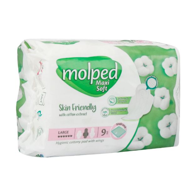 نوار بهداشتی بالدار نیمه ضخیم پنبه ای مولپد سایز بزرگ 9 عدد - Molped Maxi Soft With Cotton Extract 9 Pcs