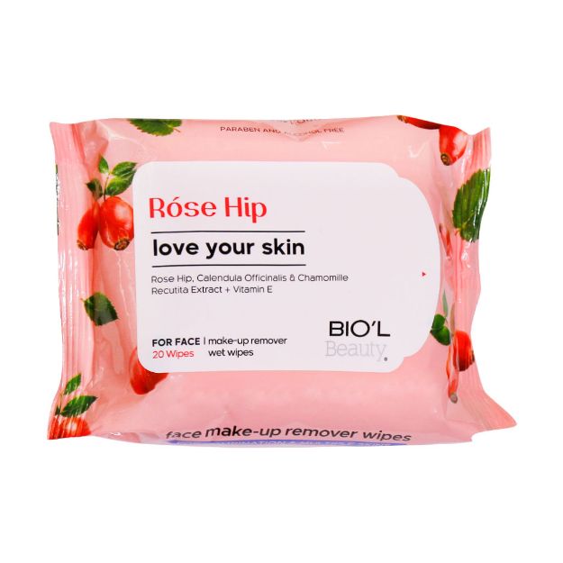 دستمال مرطوب پاک کننده آرایش صورت بیول مدل رزهیپ مناسب انواع پوست 20 عدد - Biol Rose Hip Wipes For All skin Types 20 wipes