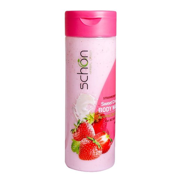 شامپو بدن کرمی شیر توت فرنگی شون حاوی اسکراب گردو 300 میلی لیتر - Schon Strawberry & Milk Creamy Body Wash 300 ml