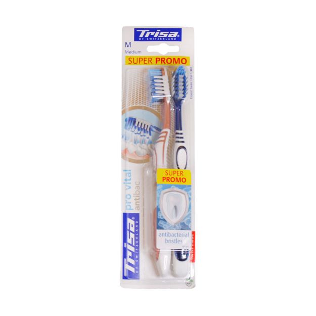 مسواک دوتایی سوپر پرومو مدل پروویتال آنتی باکتریال تریزا با برس متوسط - Trisa Pro Vital Antibac Medium Toothbrush