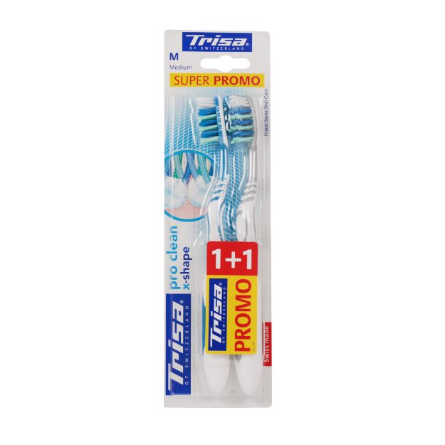 مسواک دوتایی سوپر پرومو مدل پروکلین ایکس شیپ تریزا با برس متوسط - Trisa Super Promo Pro Clean X Shape Dual Toothbrush