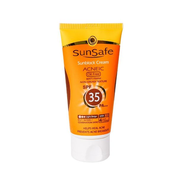 کرم ضد آفتاب SPF35 رنگی فاقد چربی سان سیف مناسب پوست های چرب و آکنه ای ۵۰ میلی لیتر - Sunsafe Sunsblock Cream SPF35 Acneic Oil Free 50 ml