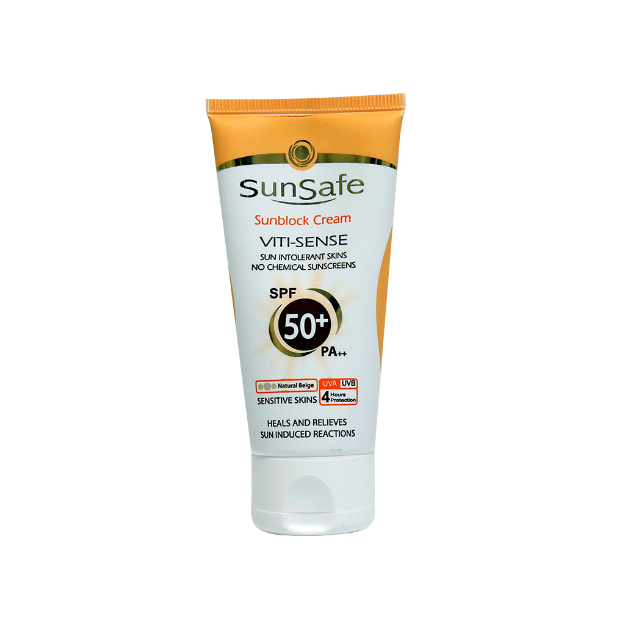 کرم ضد آفتاب رنگی سان سیف +SPF50 فاقد جاذب های شیمیایی مناسب پوست حساس ۵۰ میلی لیتر - Sunsafe Sunsblock SPF50+ Viti Sense Cream 50 ml